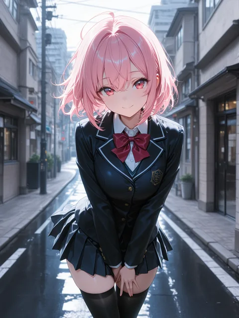 街角に立つ制服姿の少女、黒いニーソックス、微笑み、バストアップ、奥行きのあるアニメ調