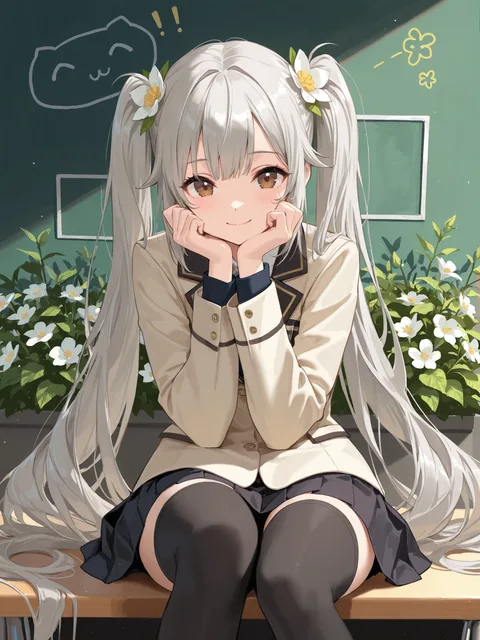 制服姿で座る少女、灰色のとても長いツインテール、茶色の瞳、黒いプリーツスカートと黒いニーソックス、髪の花飾り、頬に手をあ…