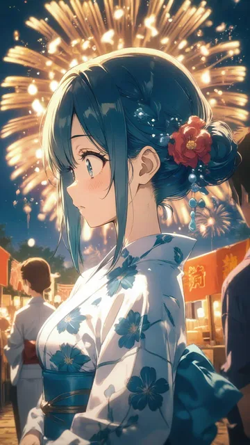 浴衣姿の少女、バストアップ、上半身、金魚柄の帯、花火大会の夜空に大輪の花火、屋台の灯り、見上げて驚く横顔、アニメ調、可愛…
