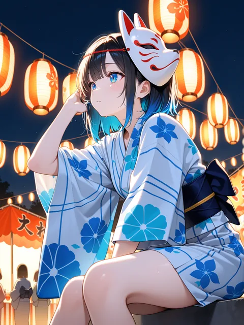狐のお面を頭にのせた少女、浴衣姿、夏祭りの夜