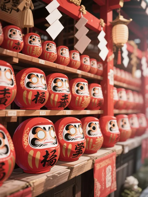神社の露店に並ぶだるま、片目だけ書かれた