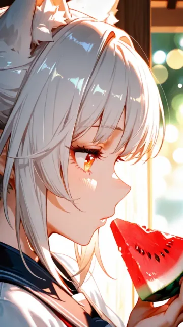 月夜のスイカと縁側・猫耳少女