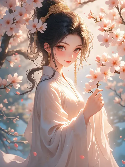美しい天女の薄い衣姿、手には白梅の花の枝
