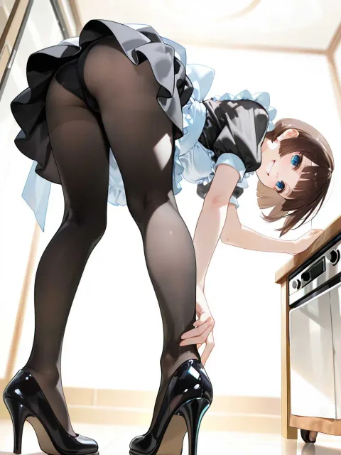 エプロン、黒いパンティストッキング、パンプス、ローアングル