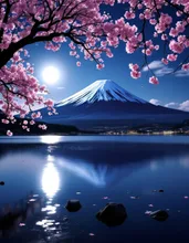 月夜に水面に反射する富士山と桜