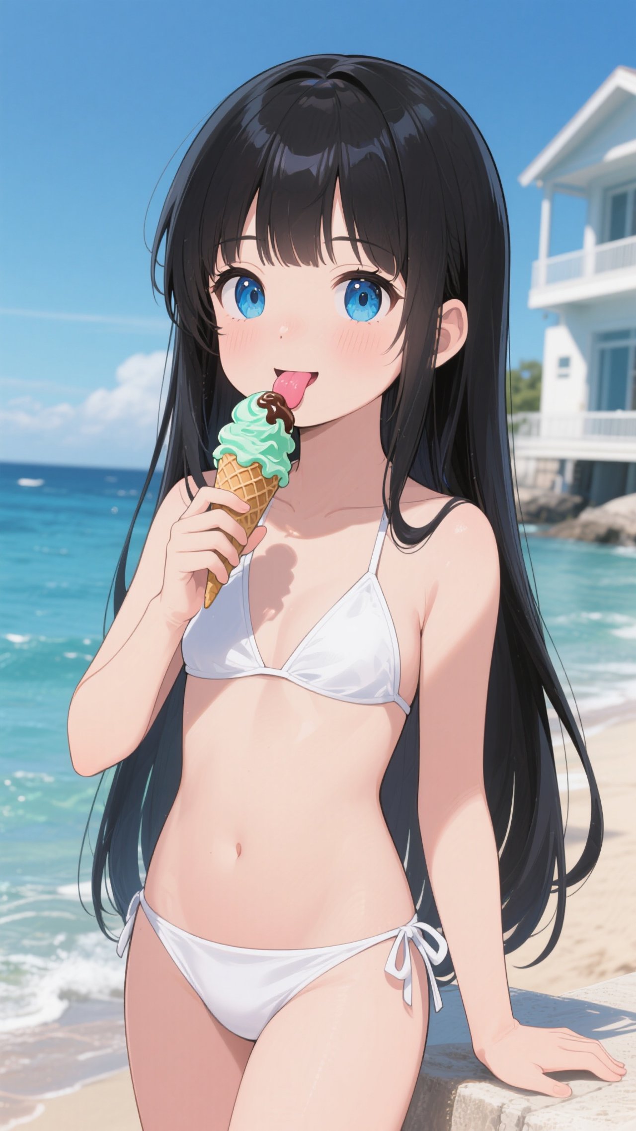 黒髪娘💕アイスクリーム垂らしたら危ない白水着❤️