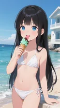 黒髪娘💕アイスクリーム垂らしたら危ない白水着❤️