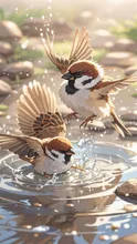 スズメの水浴び、実際見て微笑ましかった