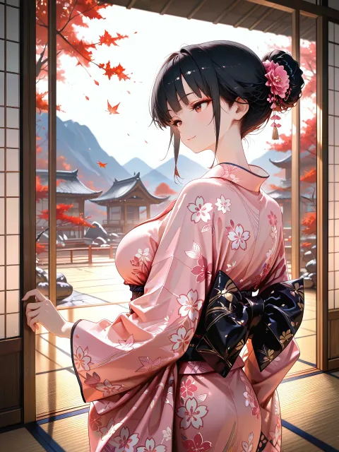 凛とした女性、団子結び、ピンクの着物(花柄)、畳の上 - 和装 vs 洋装