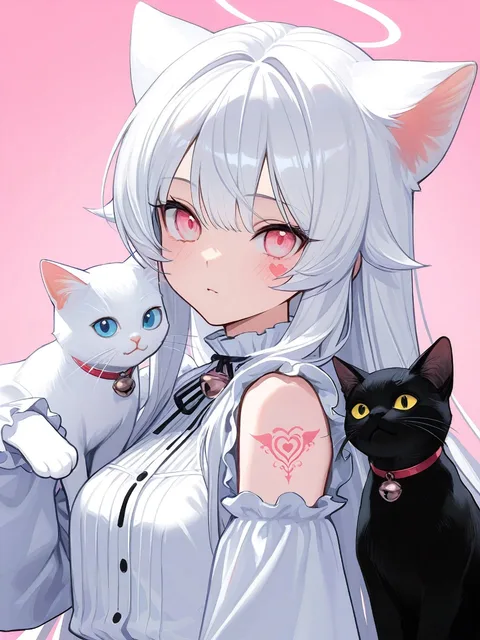 秘密の刺青♡少女 白猫と黒猫 - 画像生成チャレンジ