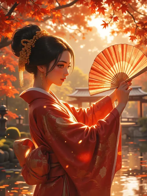 紅葉舞う日本庭園で、優美な扇の舞を披露する美しい成人女性 - 扇子