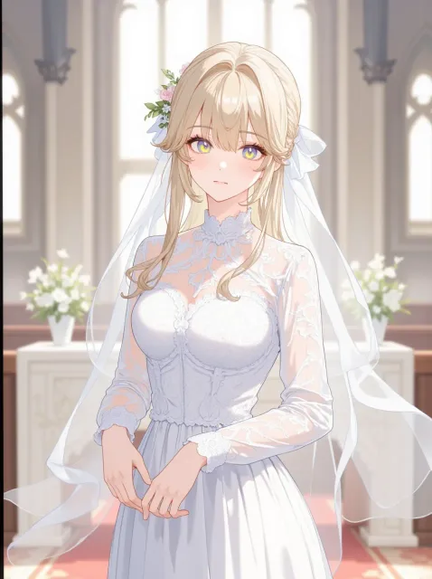 きちんとした服装、長いレースのベールをかぶった花嫁の成年女性