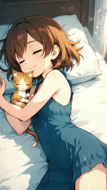 子猫と昼寝する、小柄な少女、白いベッド、茶髪のショートヘア