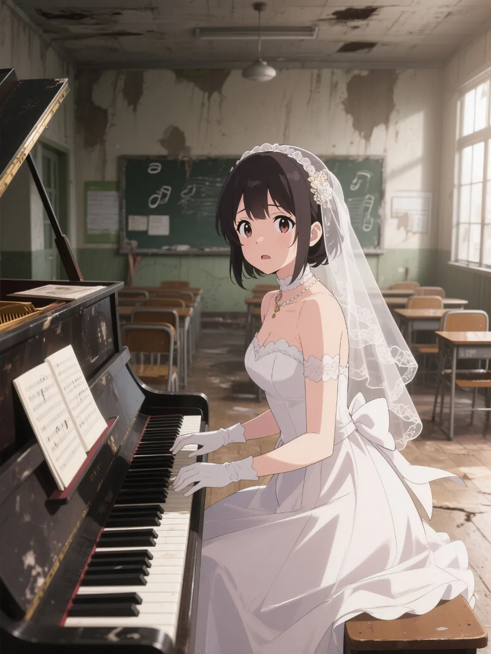 廃校で演奏する花嫁