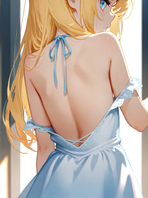 金髪セミロング、青い瞳、腰まで開いた背中の線、後ろ姿 - 背中全部