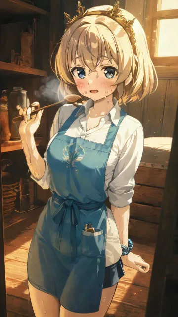 藍の前掛けをつけた若い女性の蔵人、木桶の並ぶ蔵の中