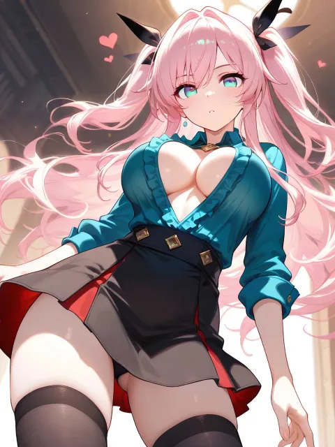 黒いストッキングと絶対領域が魅惑的な美少女、開けたブラウス