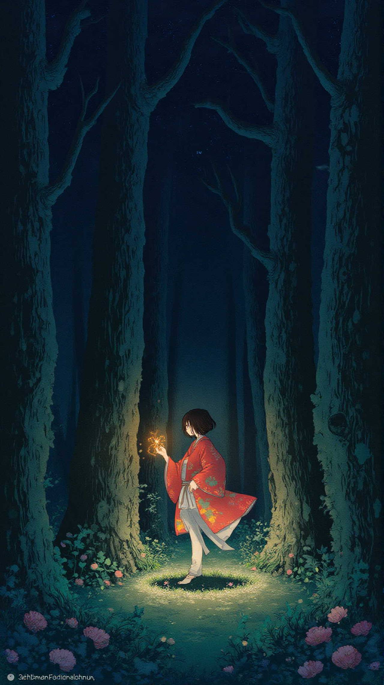 Whimsical Dark Night Torch Person Forest — あん77さんのAIイラスト