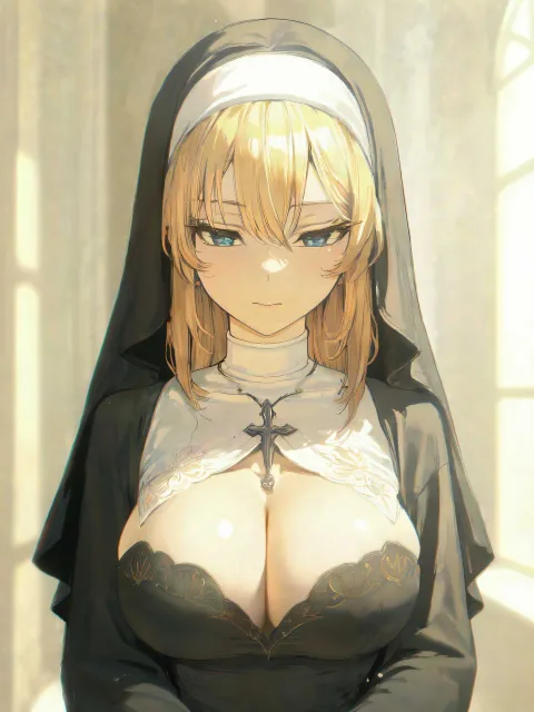 シスター服の神秘的な美少女 白衣と黒衣の胸の谷間