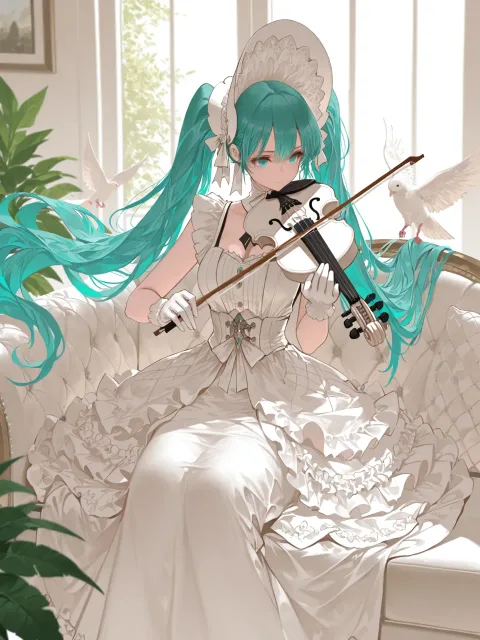 窓辺のソファでヴァイオリンを弾く少女