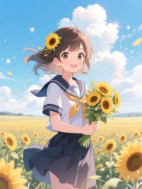 kawaii girl、full body - 向日葵畑の少女