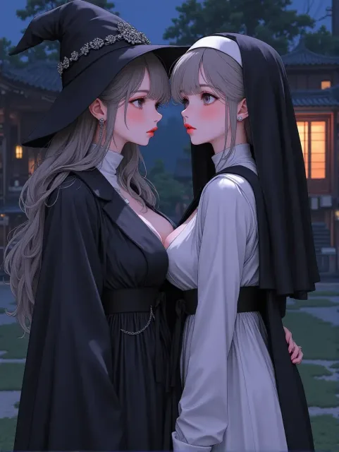 巫女装束とシスター服の色っぽい成年女性がふたり並ぶ
