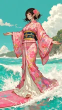 「沖津白波 立田山…」着物でサーフィン👘
