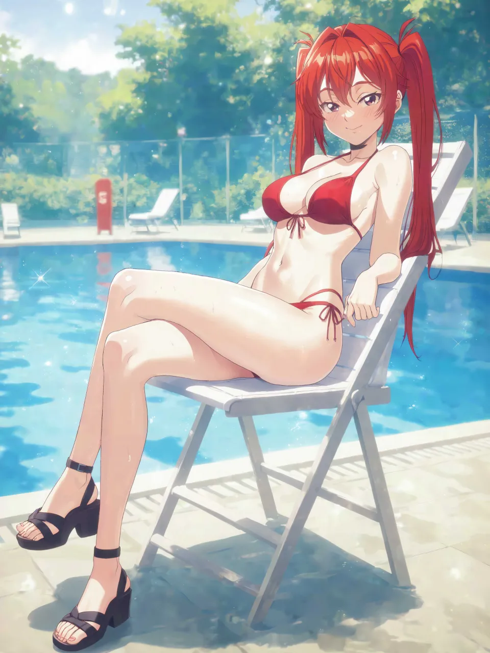 プール監視する赤髪ツインテールお姉さん