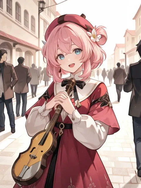 晴れたそらのなか旅をしながら街角で大衆の前で歌う吟遊詩人