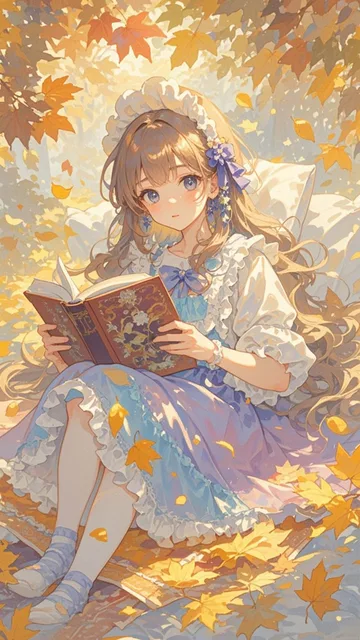 紅葉の下で女の子が読書をする午後