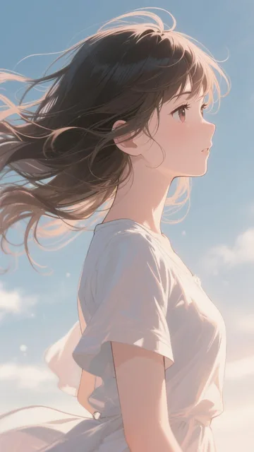 風に髪をなびかせる、やわらかな光、穏やかな雰囲気 - 風にゆれる景色
