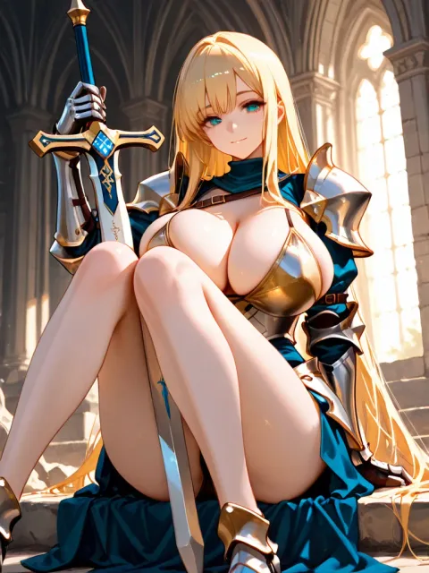 ビキニアーマーの女騎士、石造りの城の広間