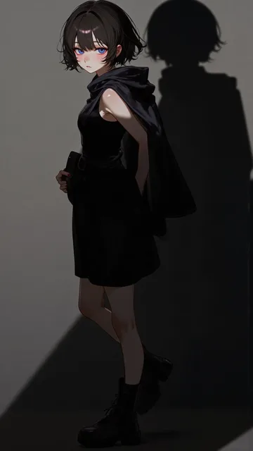 影が正確、黒いタンクトップのトップスに黒い短パンをはいている