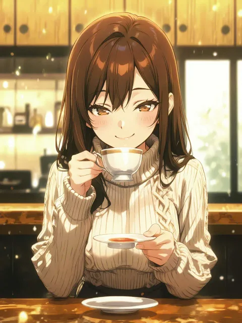 ニットのセーターを着た美少女、喫茶店のカウンター - 紅茶 vs 珈琲