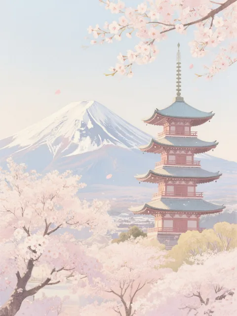 富士山と桜と五重の塔