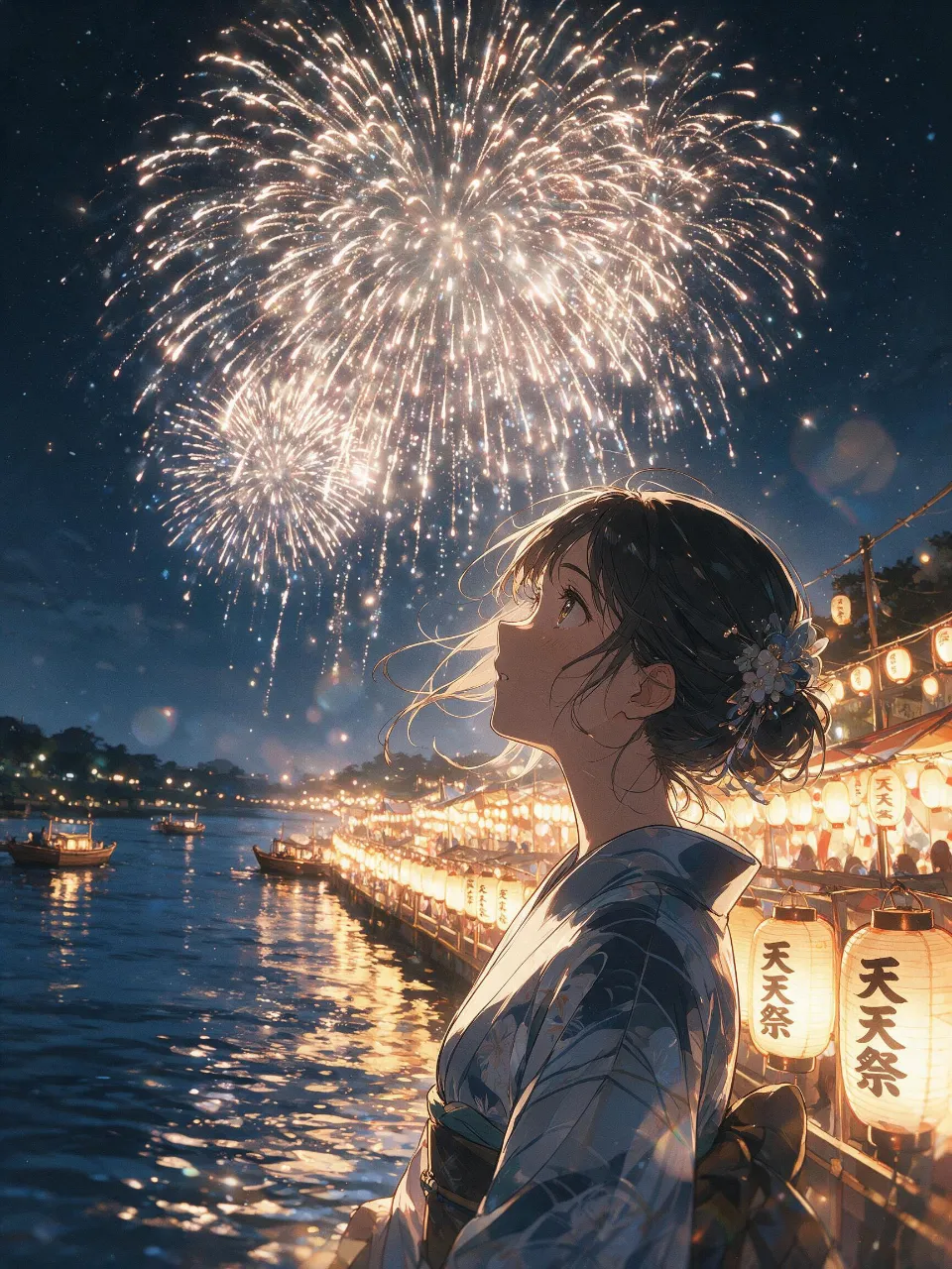 天神祭の宵、奉納花火が照らし出す — 翔太郎さんのAIイラスト