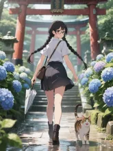 「穂蔵 灯子(ほのぐら とうこ)」と雨上がりの紫陽花寺 — Temple Art AI art on SUPPART