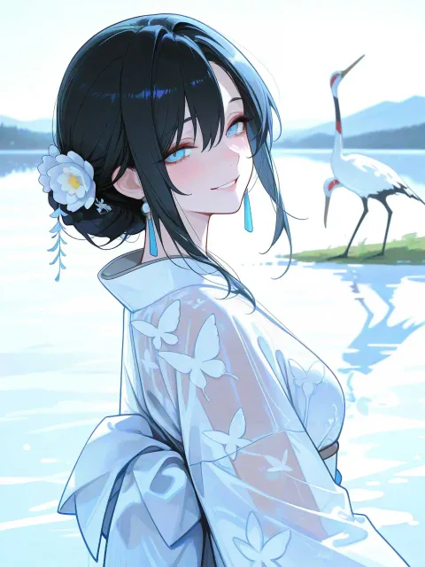 きちんとした服装、白と紅の着物を着た鶴の娘の成年女性 - 鶴の恩返し