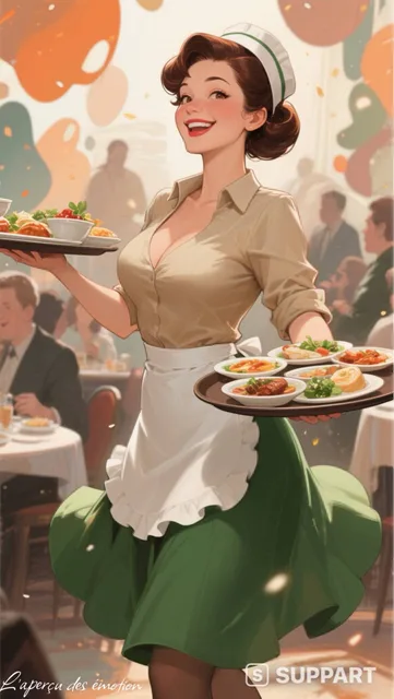 A lively middle-aged waitress at a popular diner