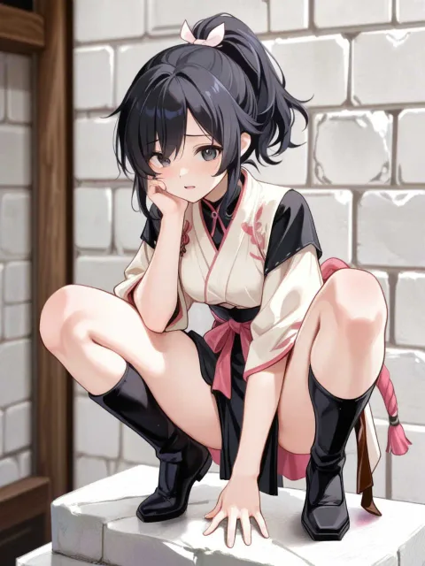 きちんとした服装、顔がはっきり見える、城の石垣の上 - 月夜のくノ一