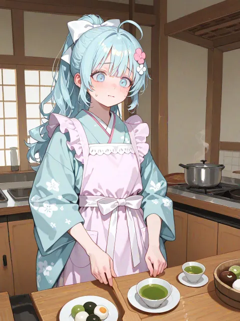 和菓子を作ってみたものの自信無い水色
