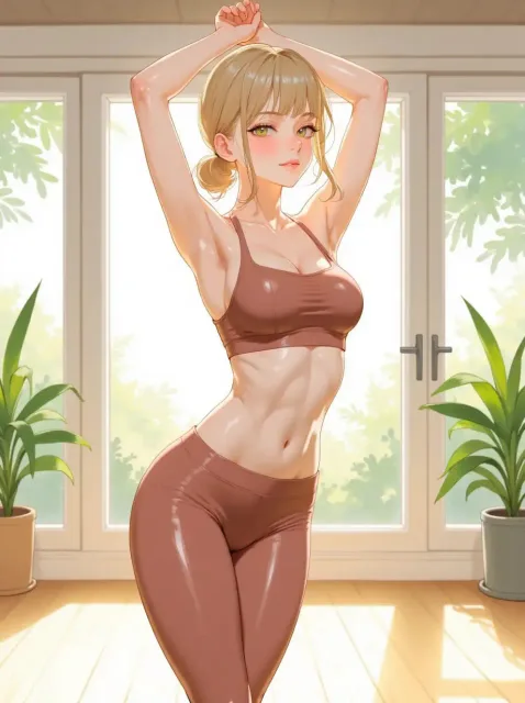 ヨガウェアの色っぽい成年女性、明るいヨガスタジオ - 朝のポーズ