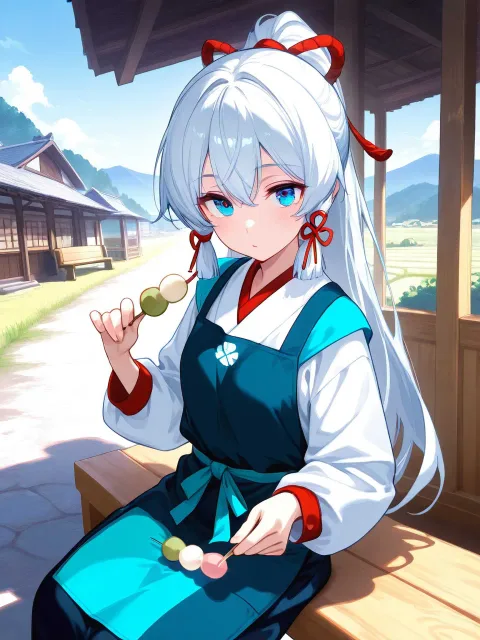 きちんとした服装、長袖の小紋の白色ミニ丈着物 - 江戸の町娘