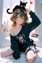 オーバーサイズのトレーナーで…パンク娘と黒ニャンコ…茶 — たくりんさんのAIイラスト