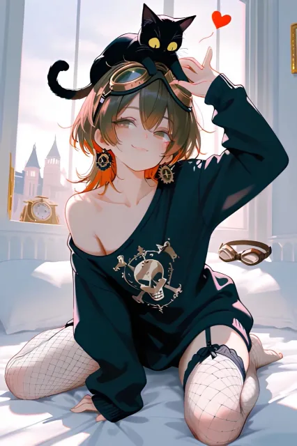 オーバーサイズのトレーナーで…パンク娘と黒ニャンコ…茶