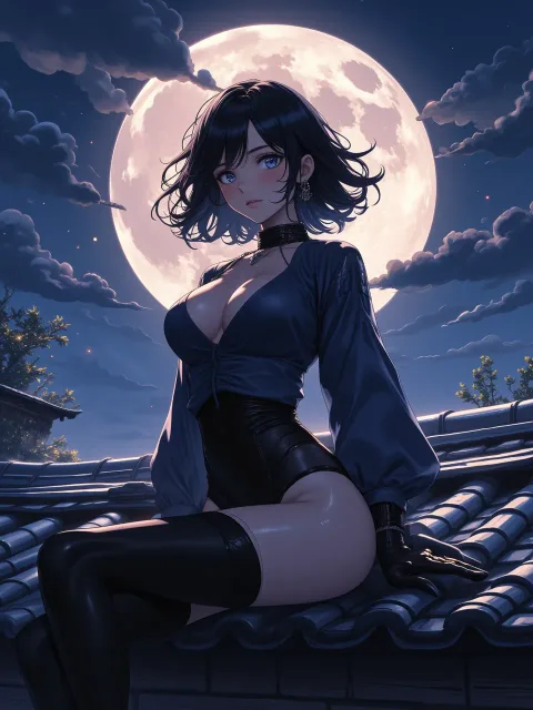 きちんとした服装、くノ一の成年女性、目線の高さから - 月夜のくノ一
