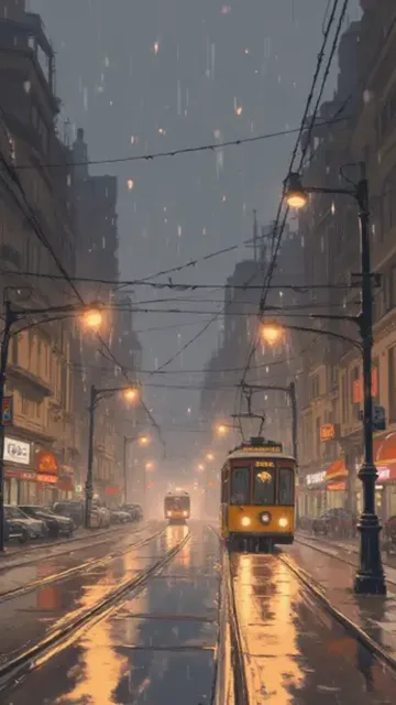 Rain veils the old days, as lights whisper stories lost in s…
