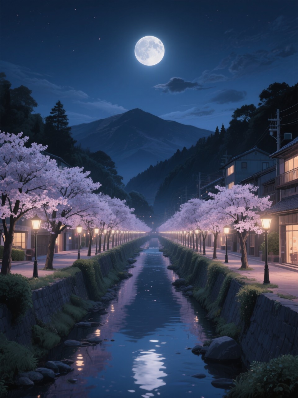 温泉街の夜桜の並木の間に流れる小川に月が写っている