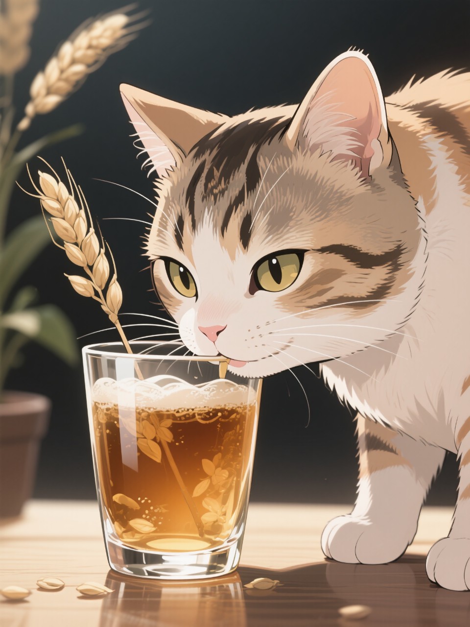 グラスにそそがれた麦茶に顔をくっつける猫