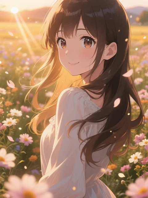 a beautiful girl with long… - 花咲く風景